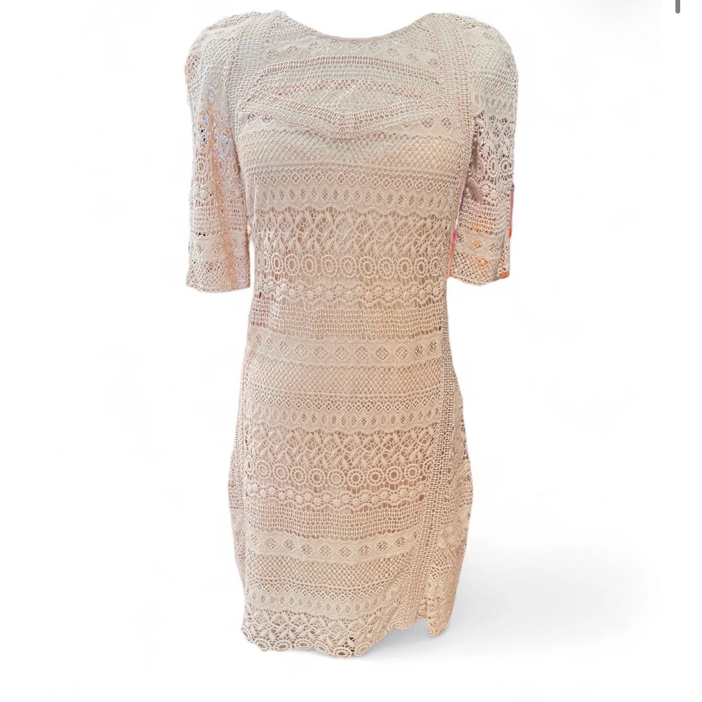 Maje Nude Lace Mini Dress Crochet Short Sleeve Nude Blush Cocktail Party Boho